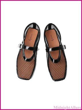 Mesh Ballet Flats Mary Jane Fishnet Shoes Buckle Strap Low Heel Slip-On